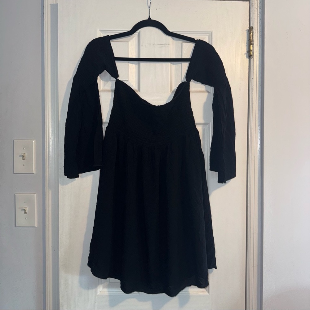 Forever 21 Black Off Shoulder Smocked Bell Sleeve Mini Dress Witchy Boho
